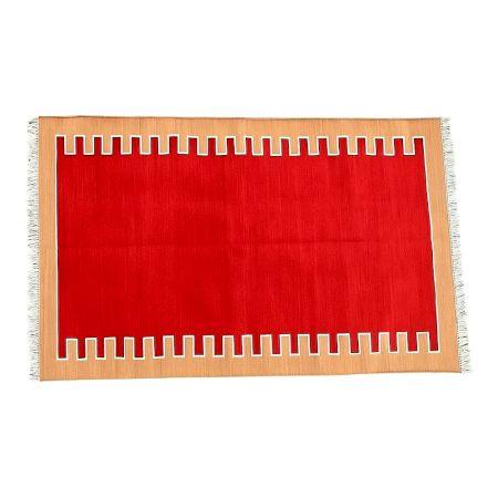 Handcrafted Red Cotton Minimalist Dhurrie For Living Room